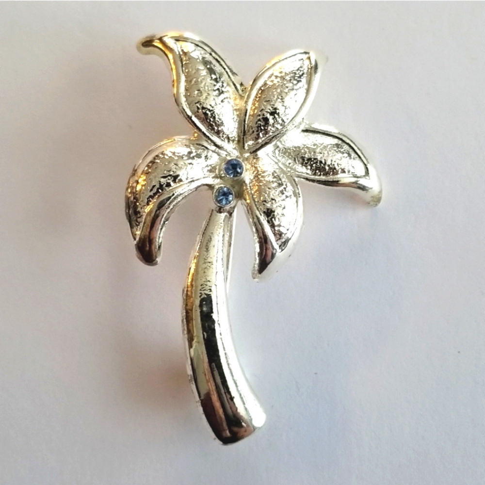 Vintage palm tree brooch silver tone pin tropical blue rhinestones